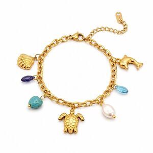 18K Gold Plated Sea Turtle Charm Bracelet Shell Dolphin Pearl Blue Coastal NWT